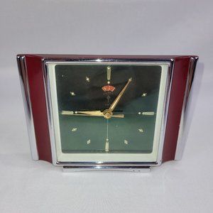 Polaris Vintage Wind-Up 6" Mechanical Alarm Desk Clock Burgundy Silver